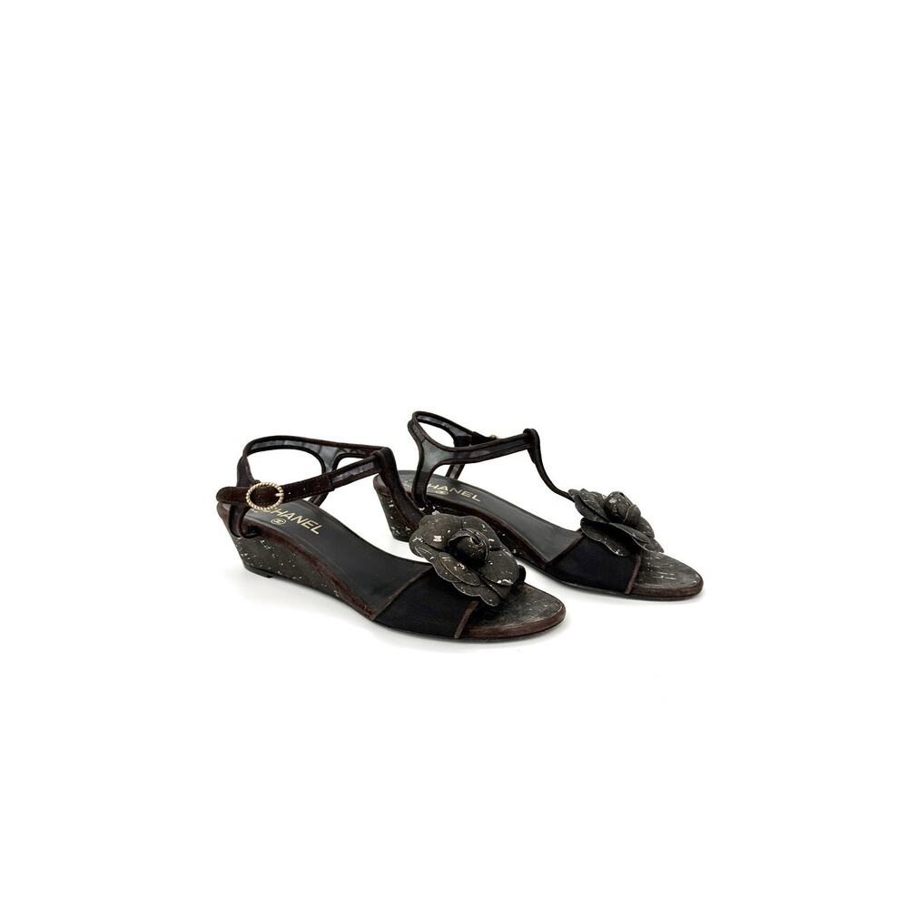 Chanel Camelia Flower Slingback Sandals 39.5 US 9.5 Brown Mesh Suede Leather
